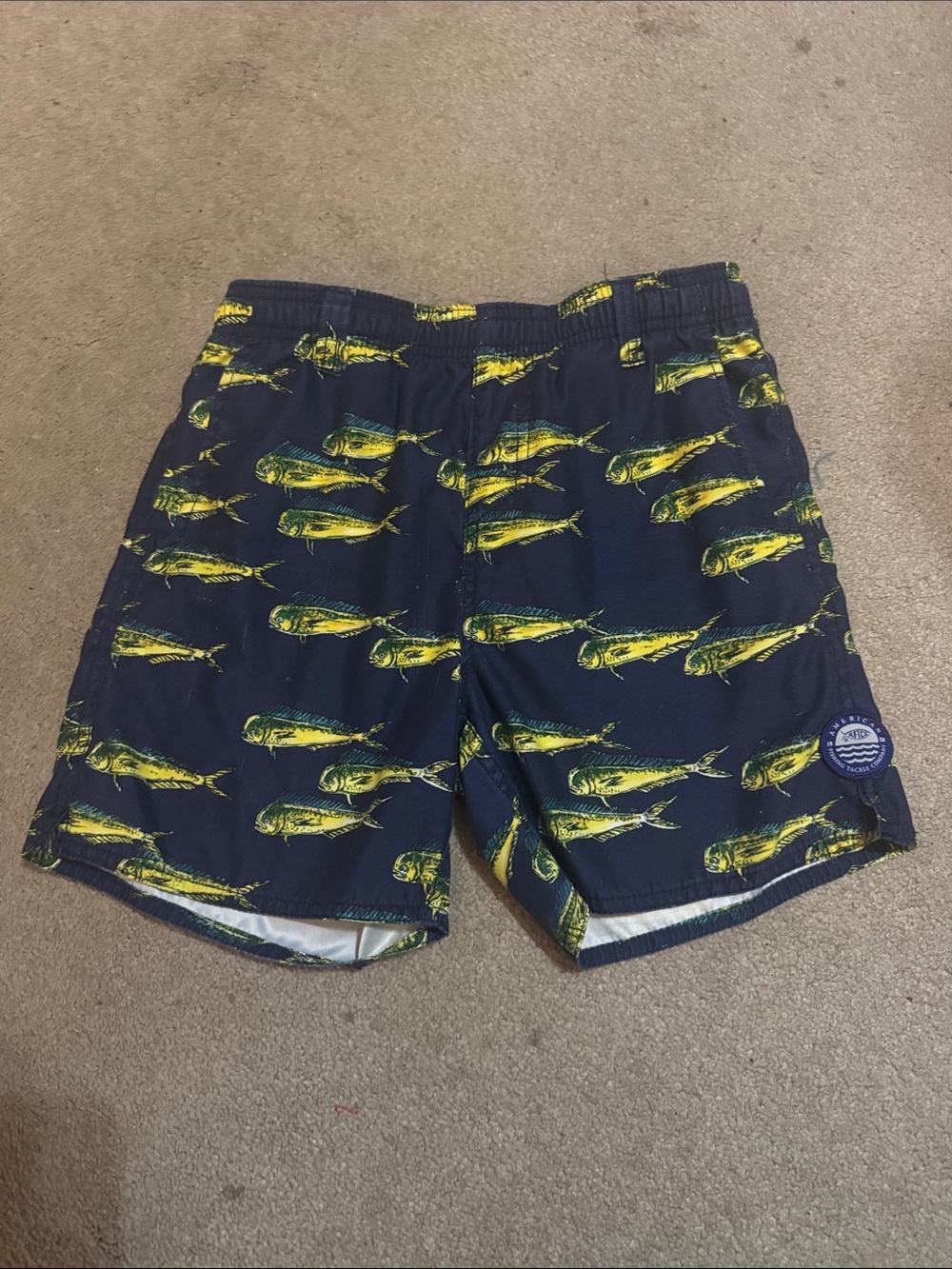 AFTCO Kids Navy Swim Trunks with Yellow Fish Print VGUC